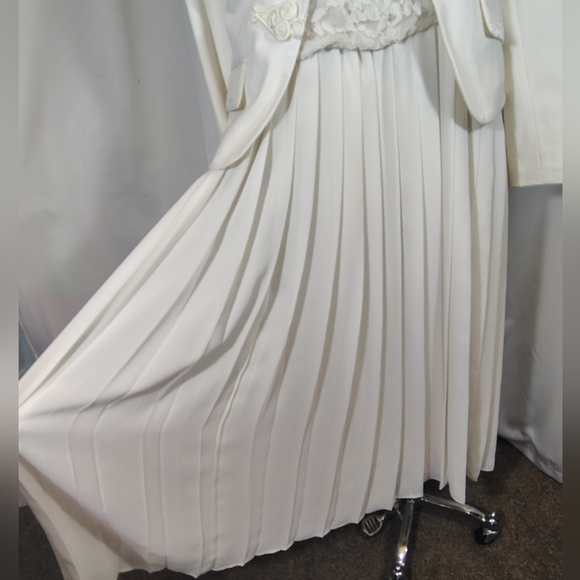 Midi Dress+Jacket, Vintage Open Crop, Long Sleeve, Ivory, Lace, Pleats, Straps,8 - Picture 13 of 16